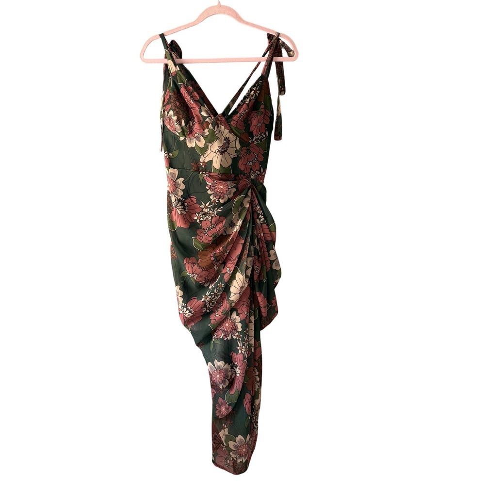 PrettyLittleThing Floral Draped Midi Dress Sage Rose Size 12 Boho NWT - Picture 2 of 10
